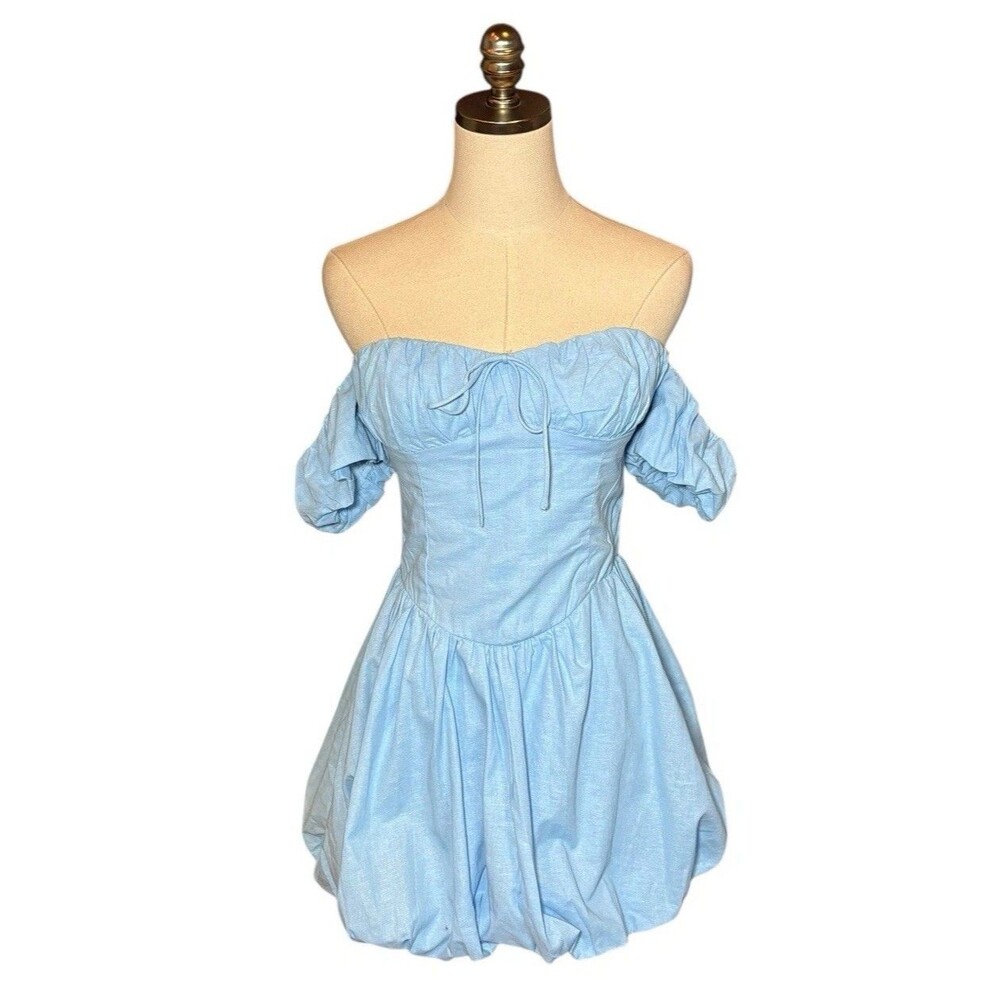 Hello Molly Off The Shoulder Dress Coquette Lt Blue Blouson Puff Sleeve Mini M